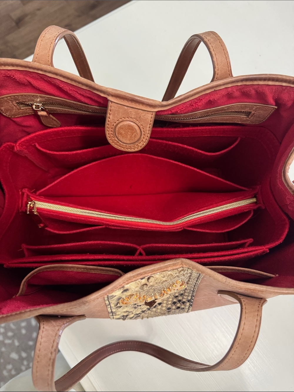 Taxidermy Liz Tote. Camel with genuine Python stripe-Medium - Picture 9 of 10